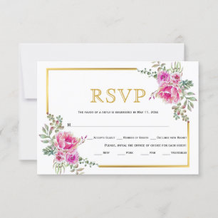 Hot pink flowers, gold frame wedding RSVP card