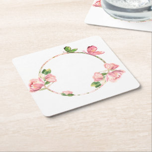 hot pink flowers green leaves butterflies square paper coaster