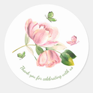 Hot pink flowers green leaves butterflies wedding classic round sticker