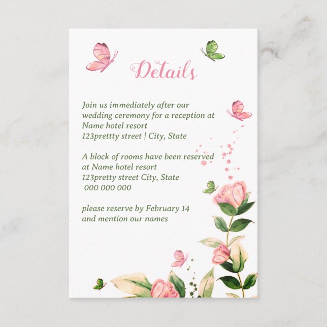 Hot pink flowers green leaves butterflies wedding  enclosure card (Front)