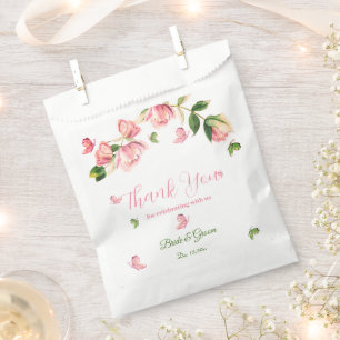 hot pink flowers green leaves butterflies wedding favour bag