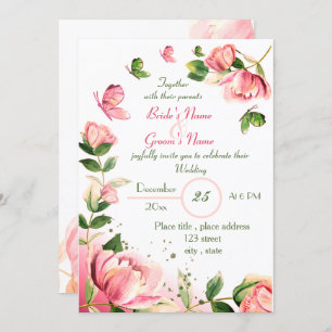 hot pink flowers green leaves butterflies wedding invitation