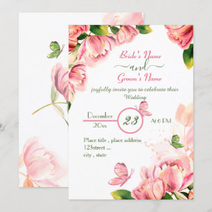 hot pink flowers green leaves butterflies wedding invitation