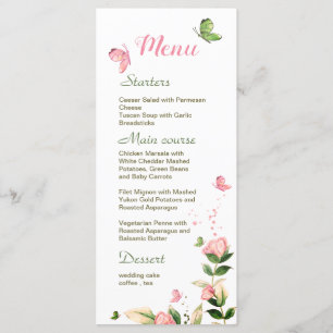 Hot pink flowers green leaves butterflies wedding  menu