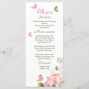 Hot pink flowers green leaves butterflies wedding menu