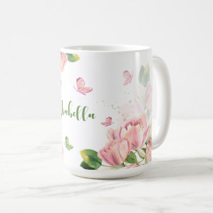 hot pink flowers greenery butterflies  coffee mug