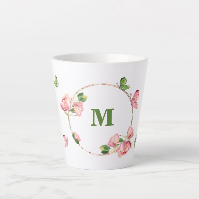hot pink flowers greenery butterflies  latte mug (Front)