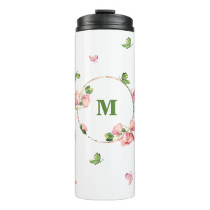hot pink flowers greenery butterflies  thermal tumbler