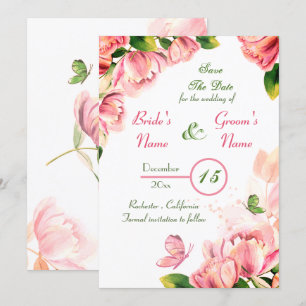 hot pink flowers leaves butterflies save the date invitation