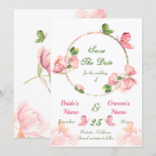 hot pink flowers leaves butterflies save the date invitation