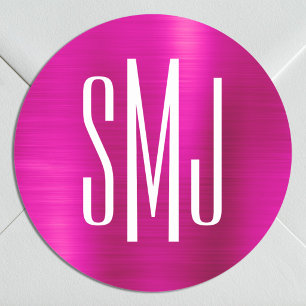 Hot Pink Foil Three Letter Monogram Classic Round Sticker