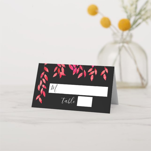 Hot Pink Foliage on Black Wedding Place Card (Front)