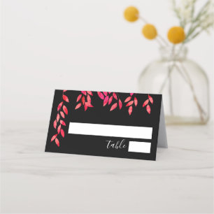 Hot Pink Foliage on Black Wedding Place Card
