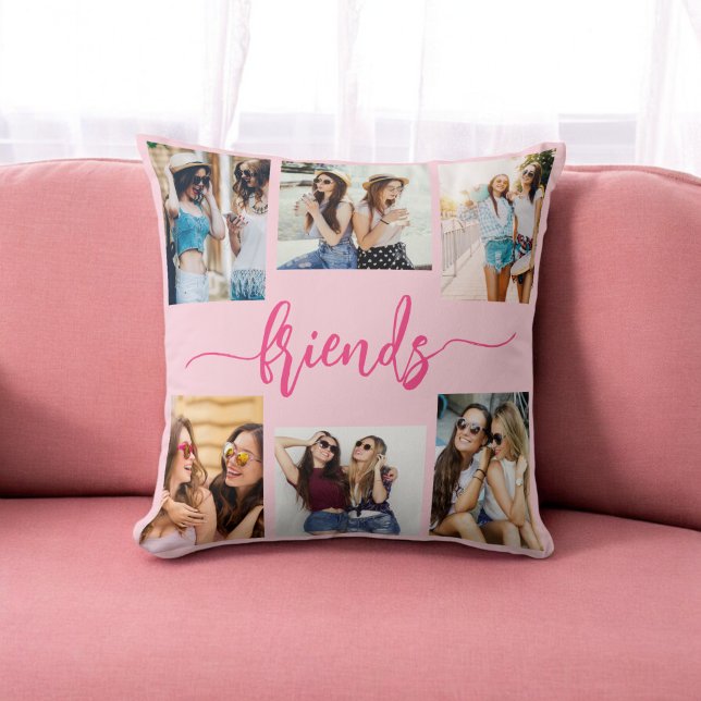 Hot Pink Friendship Friends 6 Photo Collage Gift Cushion (Creator Uploaded)