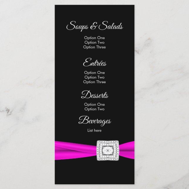 Hot Pink Fuchsia Black Diamond Menu Cards (Front)