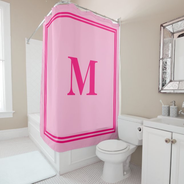 Hot Pink Fuchsia Monograms Stripe Custom Name Shower Curtain (In Situ)