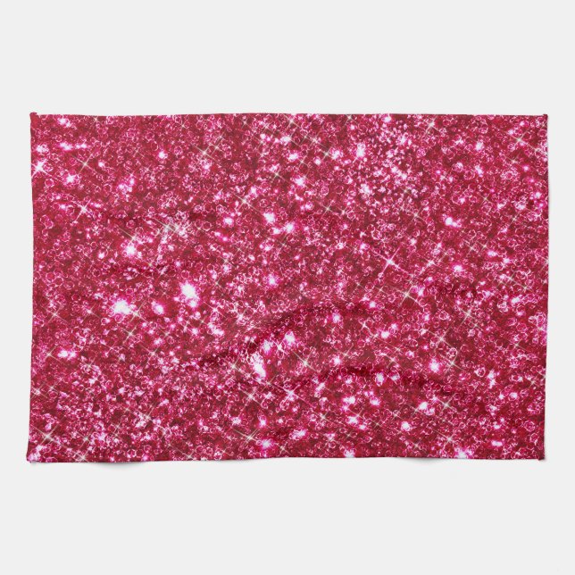 hot pink fuchsia tiny sequin glitter print tea towel (Horizontal)