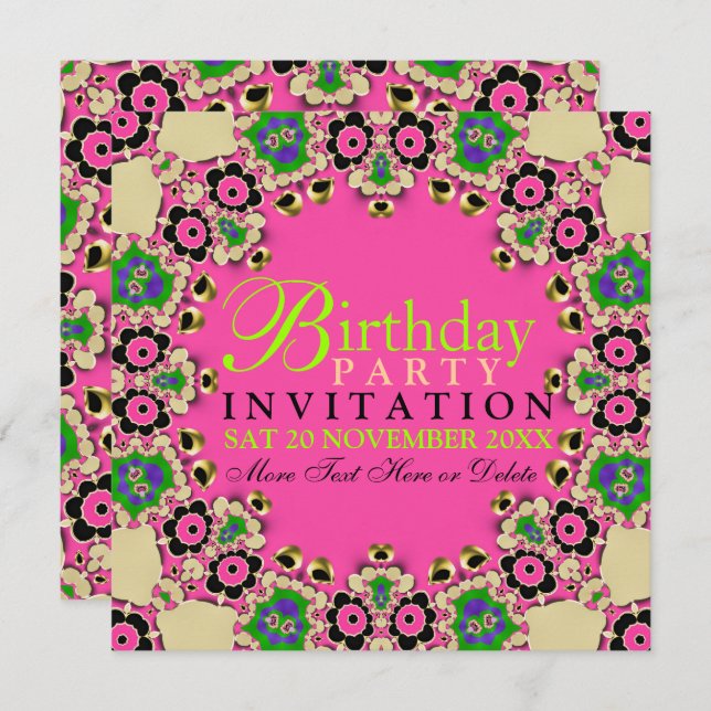 Hot Pink Fun Floral Birthday Party Invitations (Front/Back)