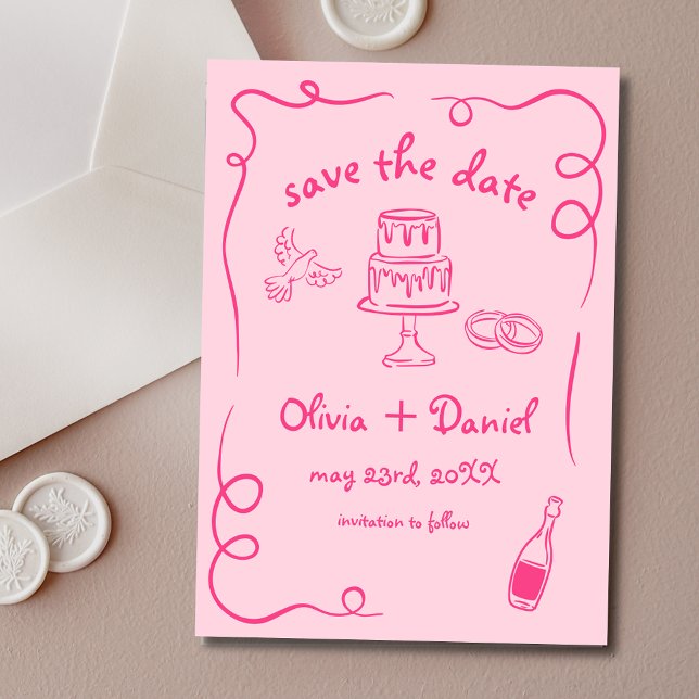 Hot Pink Funky Whimsical Hand Drawn Wedding Save The Date (Creator Uploaded)