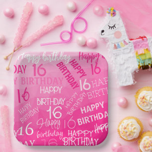 Hot pink Geometric Mesh Pattern birthday any age Paper Plate