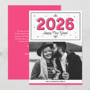 Hot Pink Geometric Typography Photo Happy New Year Holiday Card