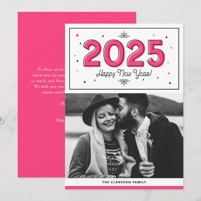 Hot Pink Geometric Typography Photo Happy New Year Holiday Card (Front/Back)