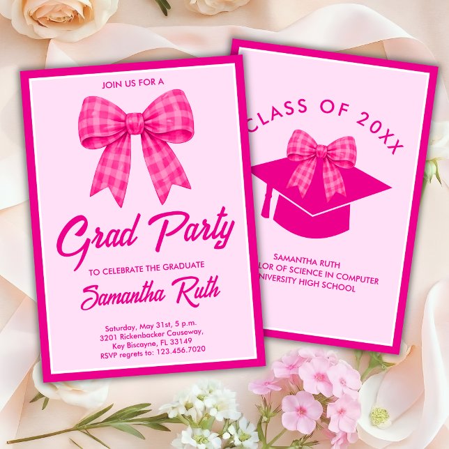 Hot Pink Gingham Bow Graduation Party Invitation (Creator Uploaded)