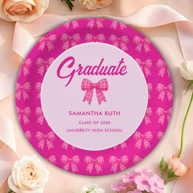 Hot Pink Gingham Bow Graduation Party Paper Plate (Creator Uploaded)