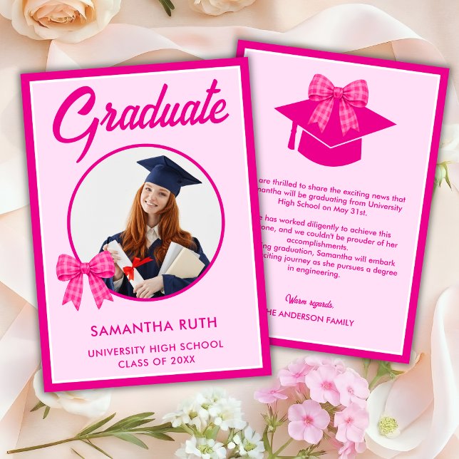 Hot Pink Gingham Bow Photo Graduation Announcement (Creator Uploaded)