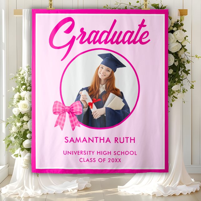 Hot Pink Gingham Bow Photo Graduation Backdrop Tapestry (Creator Uploaded)
