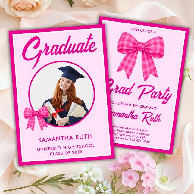 Hot Pink Gingham Bow Photo Graduation Party Invitation (Creator Uploaded)