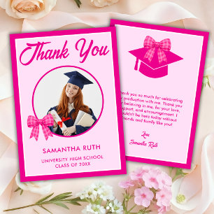 Hot Pink Gingham Bow Photo Graduation Thank You Card