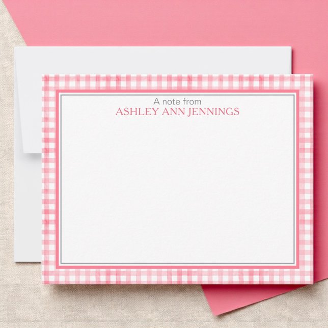Hot Pink Gingham Check Border Personalised Card (Classic gingham pattern notecard design with custom name And double border)