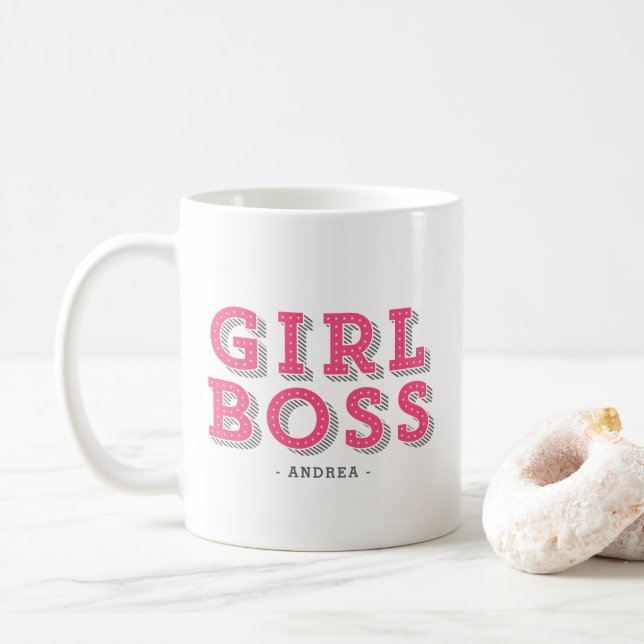 Hot Pink Girl Boss Retro Marquee Personalised Coffee Mug (With Donut)