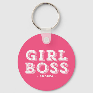 Hot Pink Girl Boss Retro Marquee Personalised Key Ring