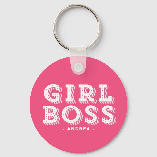 Hot Pink Girl Boss Retro Marquee Personalised Key Ring (Front)