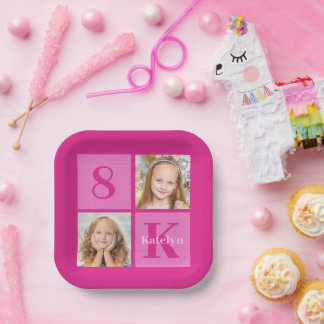 Hot Pink Girl Photo Collage Custom Birthday Party Paper Plate