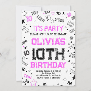 Hot Pink Girls Number Ten Birthday Party Invitation