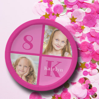 Hot Pink Girls Photo Custom Kids Birthday Party Paper Plate