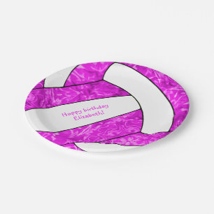 hot pink girl's volleyball birthday party paper plate