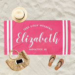 Hot Pink Girls Weekend Personalised Name Beach Towel<br><div class="desc">Personalised beach towel design for a girls' weekend vacation getaway features a custom first name in modern script writing framed by coastal stripes,  with custom text for the occasion. The hot pink background colour can be modified. Please visit our shop for other colour options.</div>