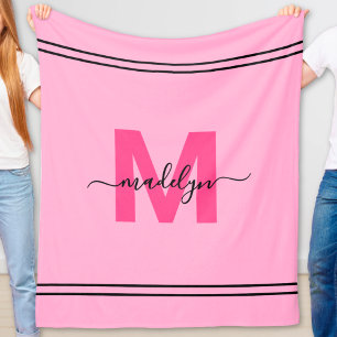 Hot Pink Girly Script Name Monogram Fleece Blanket