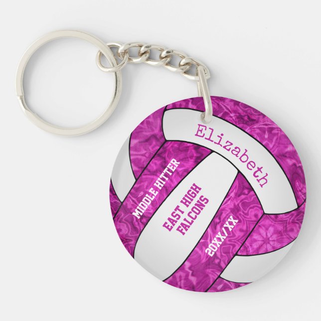 hot pink girly sports personalized volleyball key ring (Front)