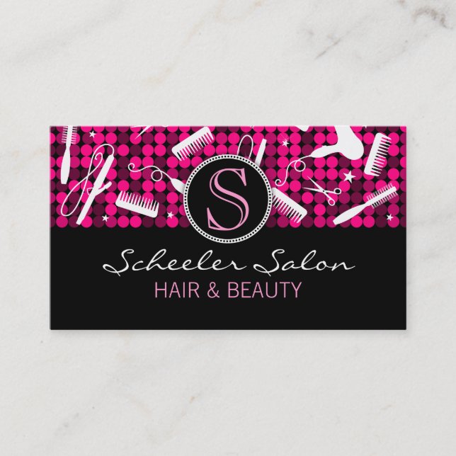 Hot Pink Glam Hair Salon Monogram Business Cards (Front)