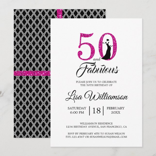 Hot Pink Glitter 50 Fabulous | 50th Birthday Party Invitation (Front/Back)