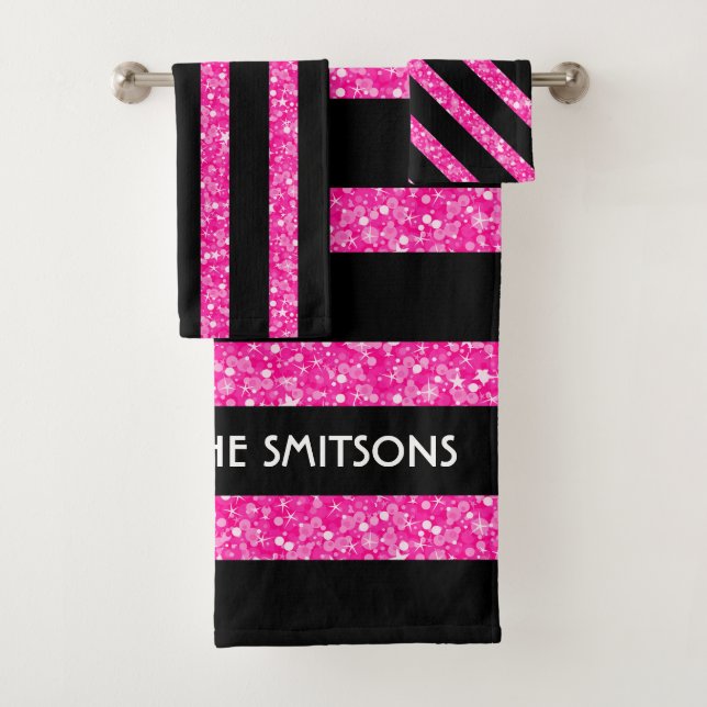 Hot Pink Glitter And Black Stripes Bath Towel Set (Insitu)