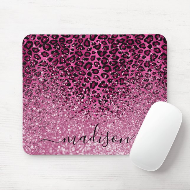 Hot Pink Glitter and Leopard Pattern - Personalise Mouse Pad (With Mouse)