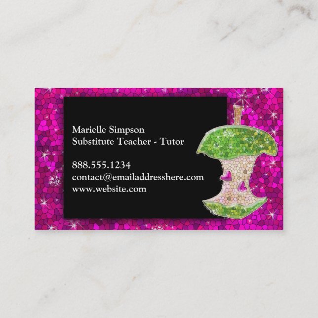 Hot Pink Glitter Apple Substitute Teacher Tutor Business Card (Back)