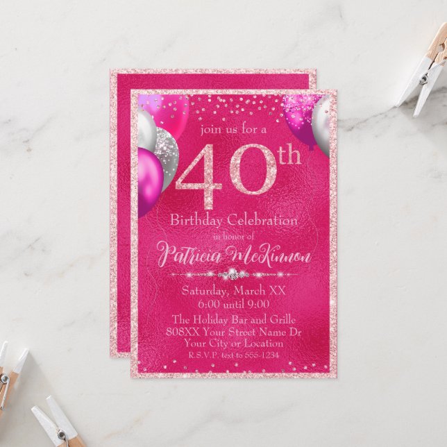 Hot Pink Glitter Balloons 40th Birthday Invitation (Front/Back In Situ)