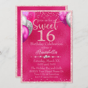 Hot Pink Glitter Balloons Sweet 16 Birthday Invitation